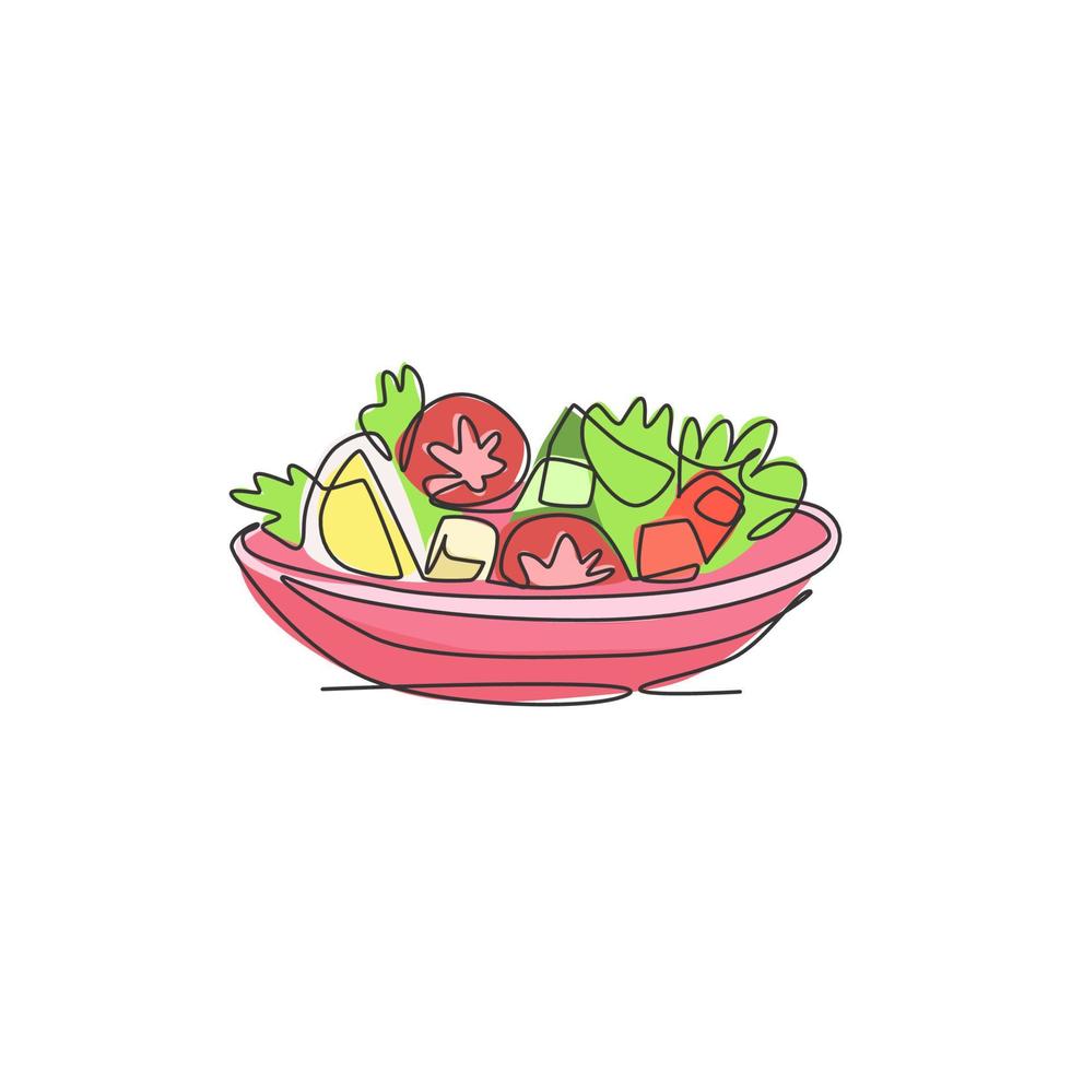 dibujo de una sola línea de ilustración gráfica vectorial del logotipo de ensalada de verduras frescas y saludables. menú de cafetería de alimentos orgánicos y concepto de placa de restaurante. diseño de dibujo de línea continua moderna logotipo de comida callejera vector