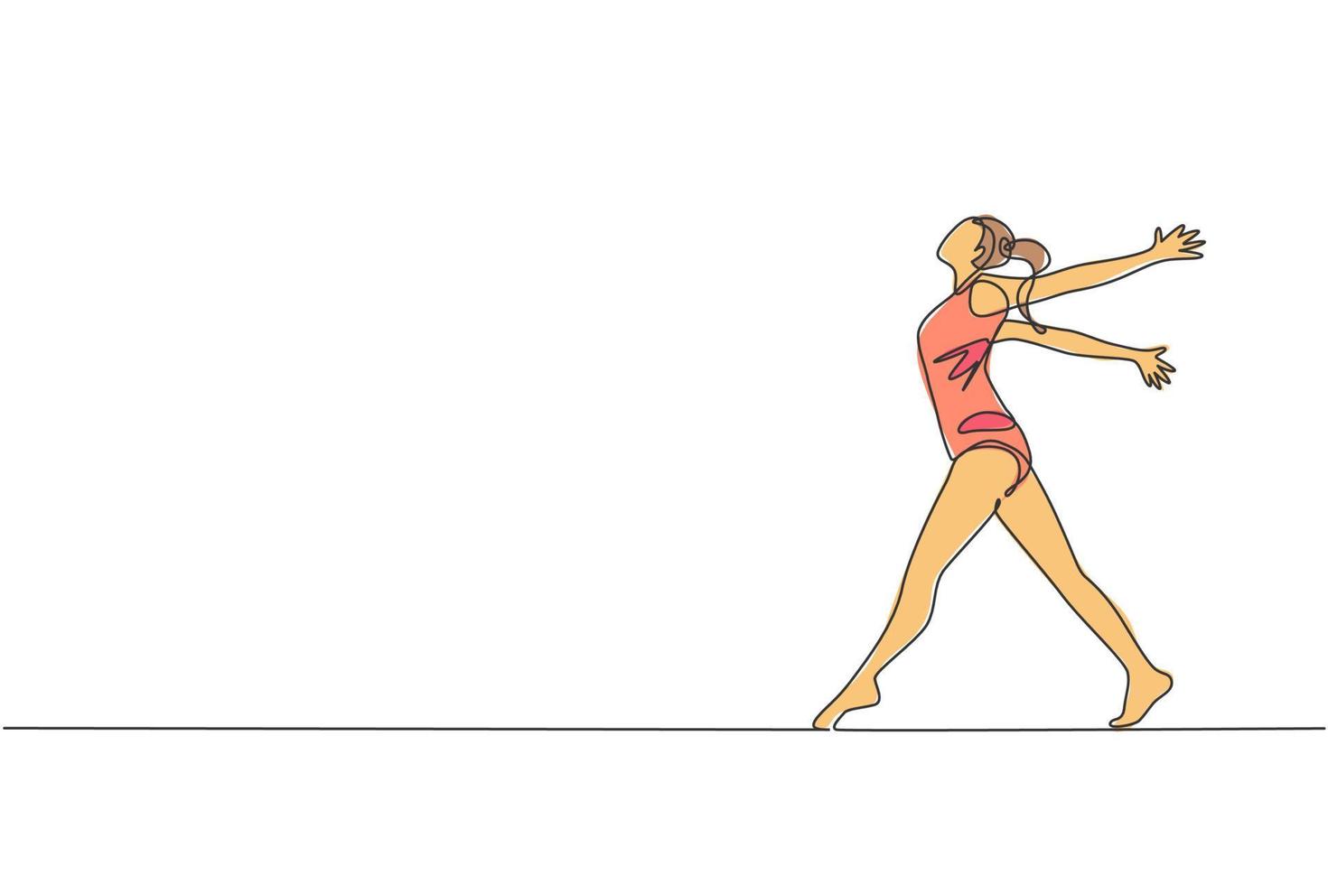 uno soltero línea dibujo de joven belleza gimnasta niña ejercicio piso rítmico gimnástico a gimnasio vector ilustración. sano atleta adolescente estilo de vida y deporte concepto. moderno continuo línea dibujar diseño