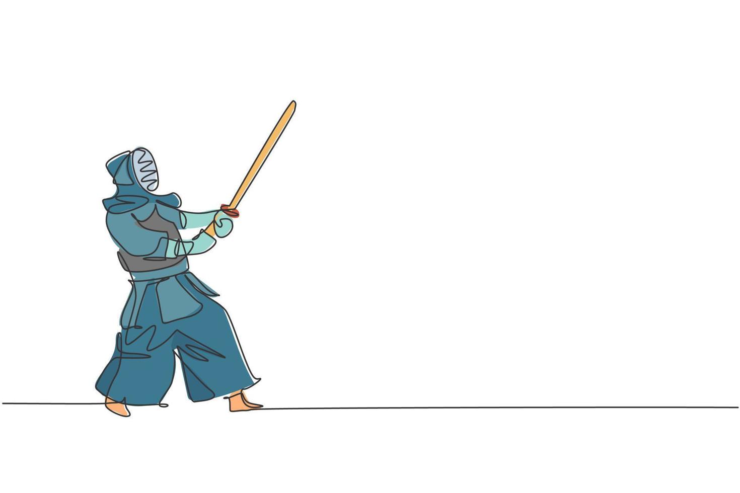 un dibujo de una sola línea de un joven enérgico ejerciendo habilidades de defensa en kendo con espada de madera en la ilustración vectorial del centro de gimnasio. concepto de deporte de lucha combativa. diseño moderno de dibujo de línea continua vector