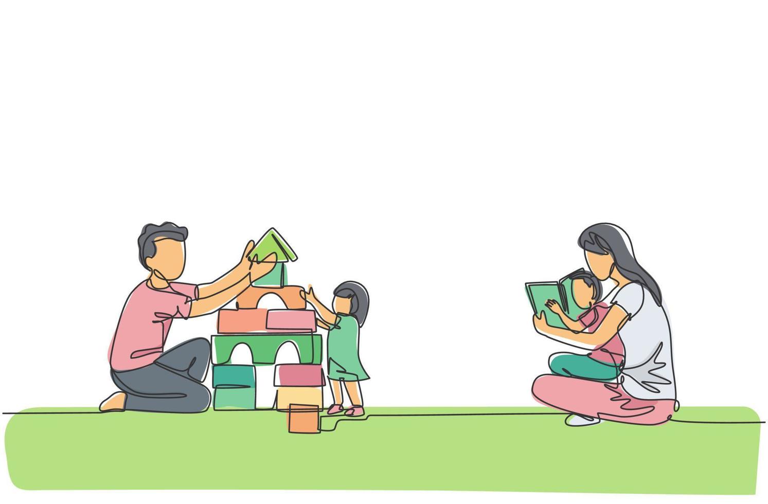 Single continuous line drawing of young mom reading book to son and dad playing block puzzle house with daughter at home. Happy family parenting concept. One line draw design vector illustration