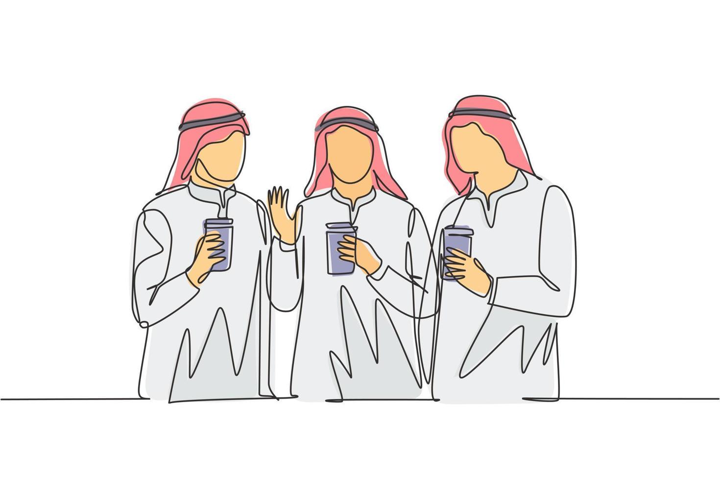 un dibujo de una sola línea de jóvenes musulmanas caminando junto con amigos sosteniendo tazas de café de papel. velo y hijab de tela femenina árabe de Oriente Medio. ilustración de diseño de dibujo de línea continua vector