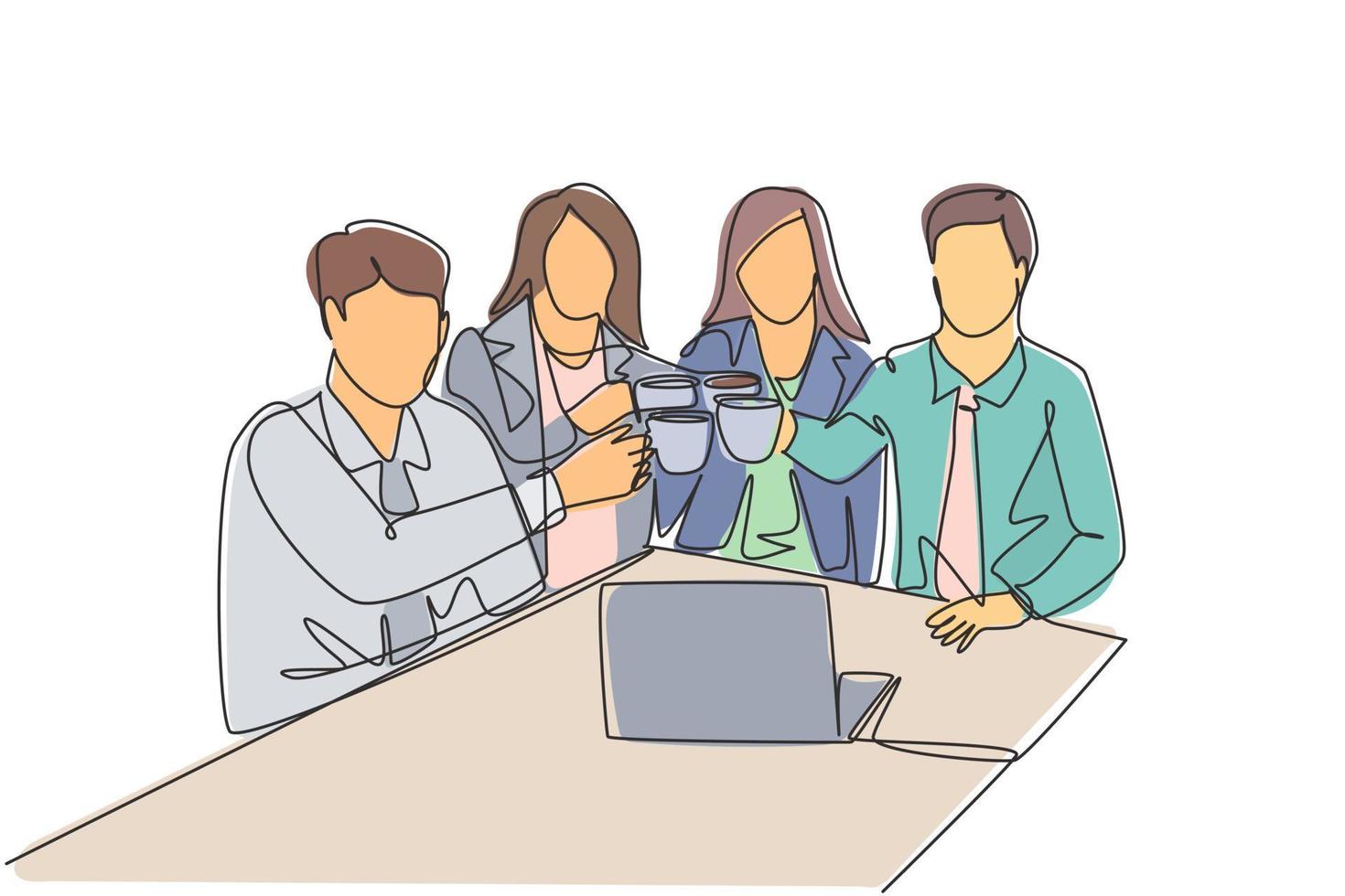 Single continuous line drawing of young male and female office workers discussing strategy to increase product sales at marketing team member meeting. One line draw graphic design vector illustration