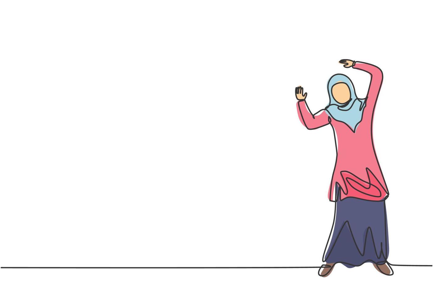 dibujo continuo de una línea joven trabajadora árabe de pie en la calle y levantar la mano. concepto minimalista de gerente de negocios de éxito. Ilustración gráfica de vector de diseño de dibujo de una sola línea.