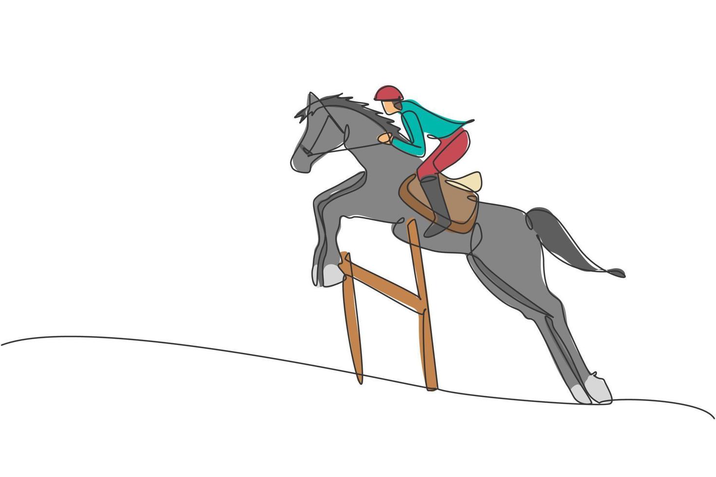 dibujo de una sola línea continua de un joven jinete profesional saltando con un caballo sobre el obstáculo. concepto de proceso de entrenamiento deportivo ecuestre. ilustración de vector de diseño de dibujo de una línea de moda