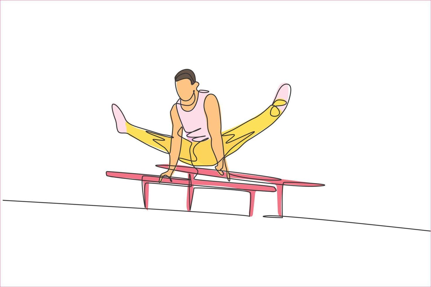 Single continuous line drawing young handsome professional gymnast man perform acrobatic motion. Parallel bars training and stretching concept. Trendy one line draw design vector graphic illustration