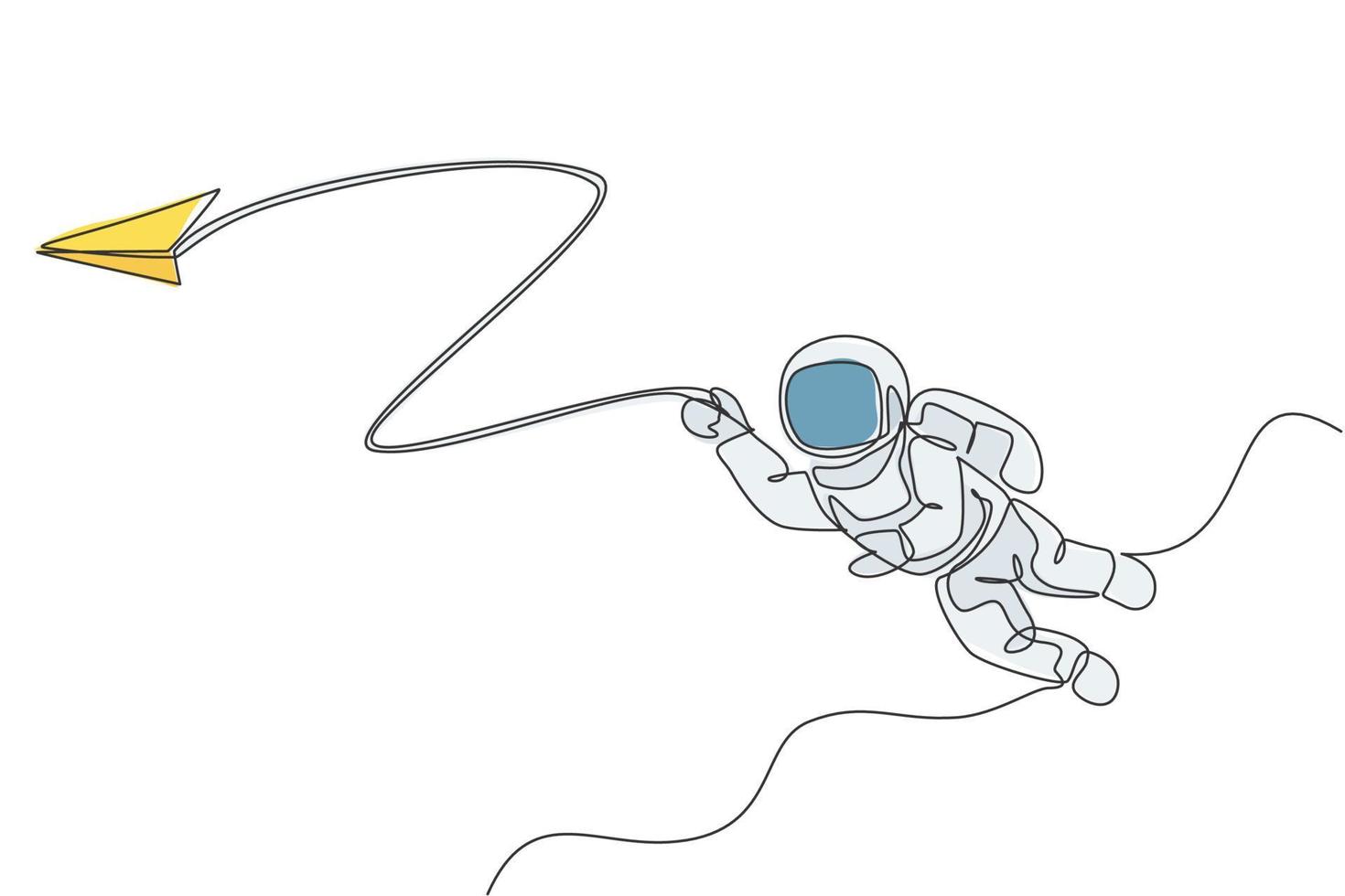 Un astronauta de hombre espacial de dibujo de una sola línea explorando la galaxia cósmica, jugando con la ilustración de vector gráfico de avión de papel. concepto de ficción de vida de espacio exterior de fantasía. diseño moderno de dibujo de línea continua
