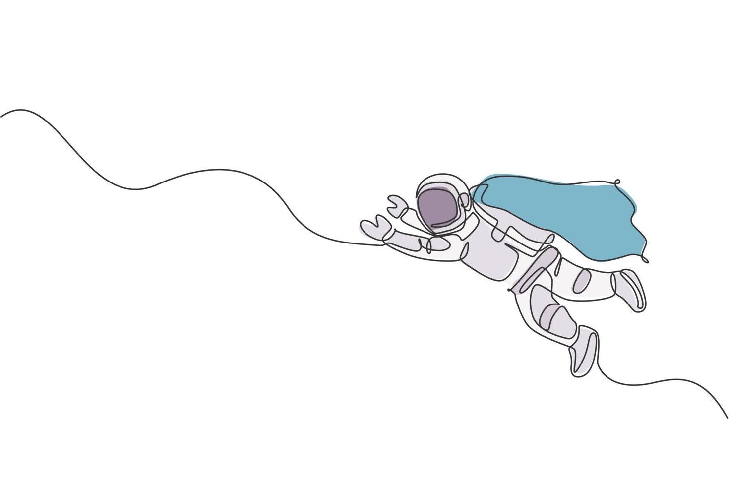 Single continuous line drawing floating science astronaut in spacewalk fly wearing wing suit. Fantasy deep space exploration, fiction concept. Trendy one line draw design vector graphic illustration