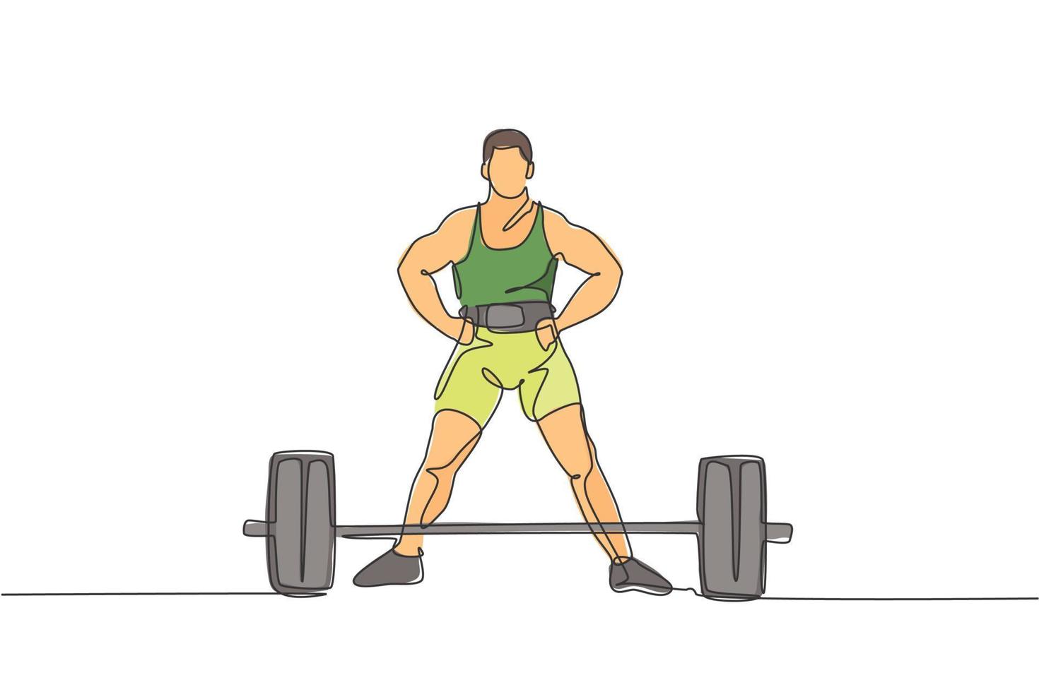 One continuous line drawing of young bodybuilder man doing exercise with a heavy weight bar in gym. Powerlifter train weightlifting concept. Dynamic single line draw design vector illustration graphic