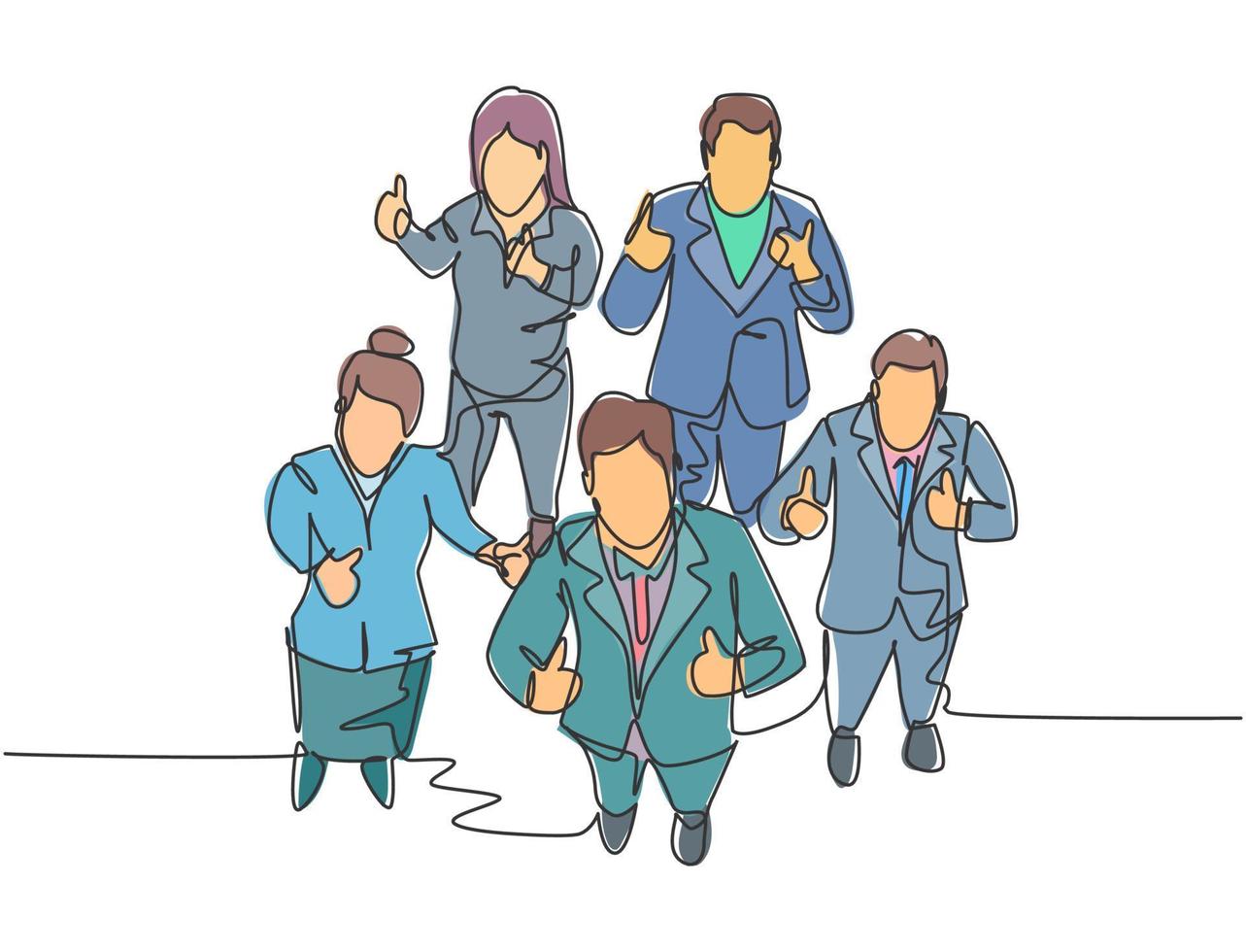One line drawing of group of businessmen and businesswoman giving thumbs up gesture from top view. Business meeting and teamwork concept. Continuous line draw design vector illustration