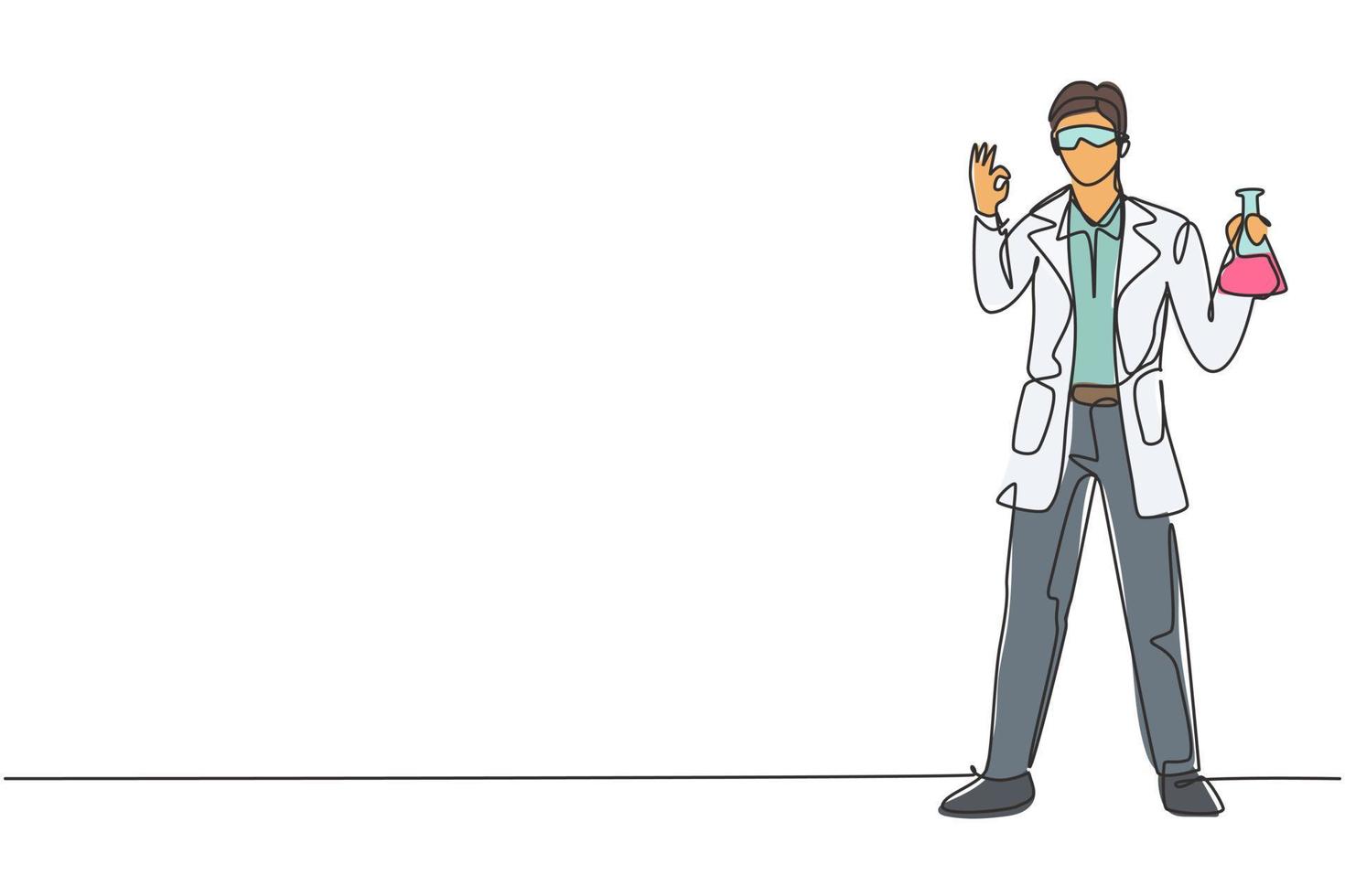 Single one line drawing of scientist stands with gesture okay and holding measuring tube filled with chemical liquid. Success business. Modern continuous line draw design graphic vector illustration