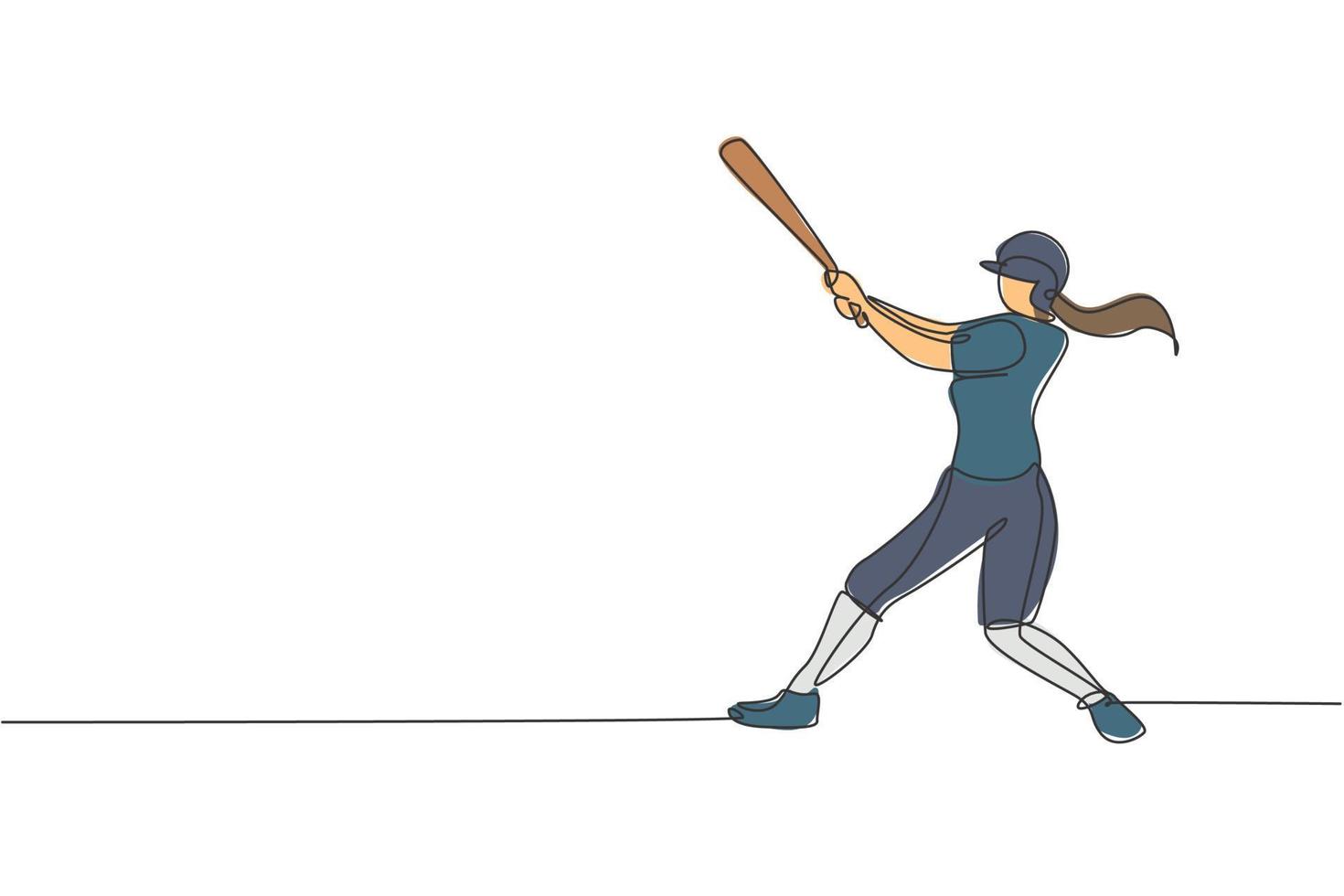 un dibujo de una sola línea de una joven y enérgica jugadora de béisbol que practica para golpear la ilustración vectorial de la pelota. concepto de entrenamiento deportivo. diseño moderno de dibujo de línea continua para la pancarta del torneo de béisbol vector