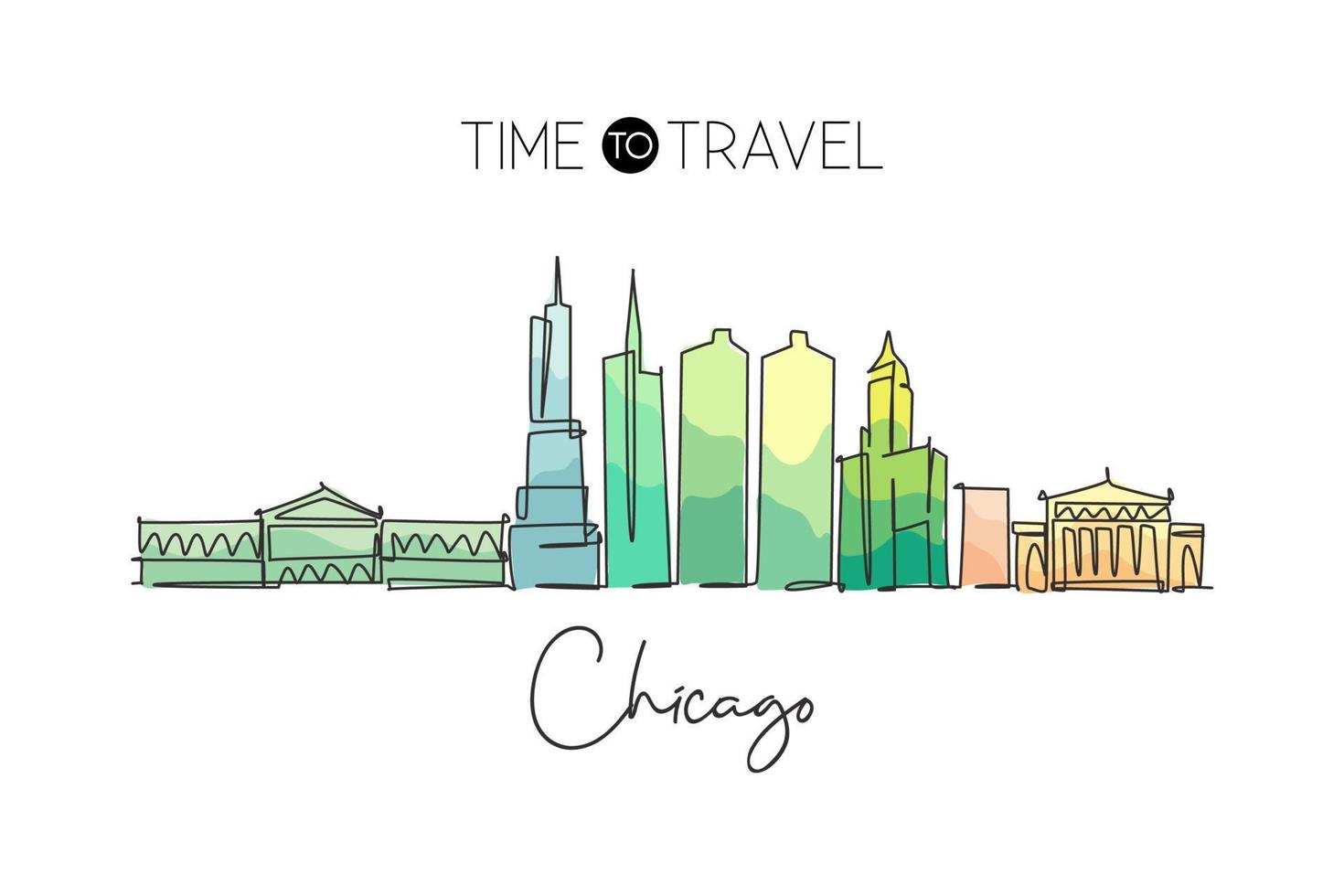 dibujo de una sola línea del horizonte de la ciudad de chicago, estados unidos. paisaje histórico de la ciudad en el mundo. mejor destino de vacaciones. ilustración de vector de diseño de dibujo de línea continua de moda de trazo editable