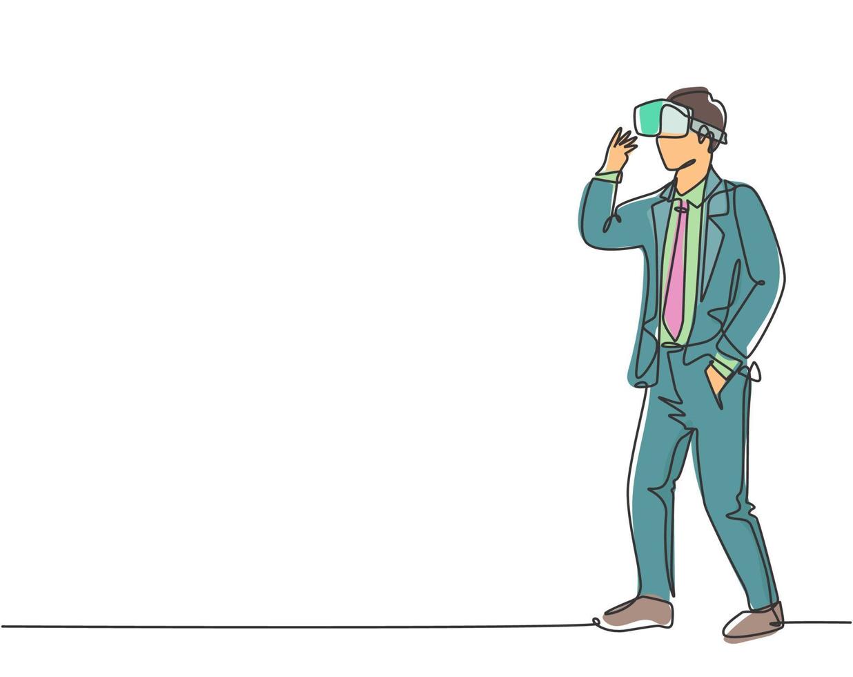 One continuous line drawing of young happy businessman ready to play virtual reality game simulation. Modern futuristic video game concept single line draw design graphic vector illustration