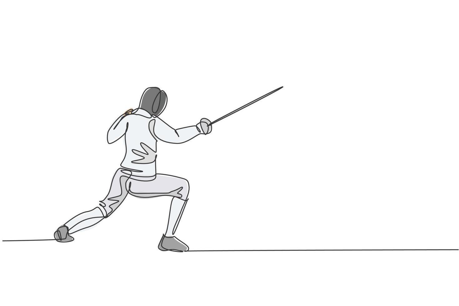 Single continuous line drawing young professional fencer athlete man in fencing mask and rapier. Competitive fighting sport competition concept. Trendy one line draw design vector graphic illustration