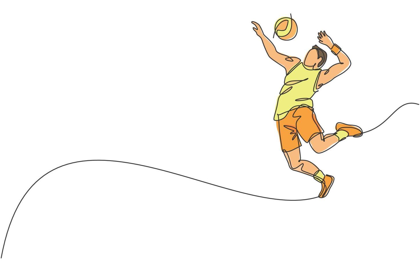 One continuous line drawing of young male professional volleyball player in action jumping spike on court. Healthy competitive team sport concept. Dynamic single line draw design vector illustration