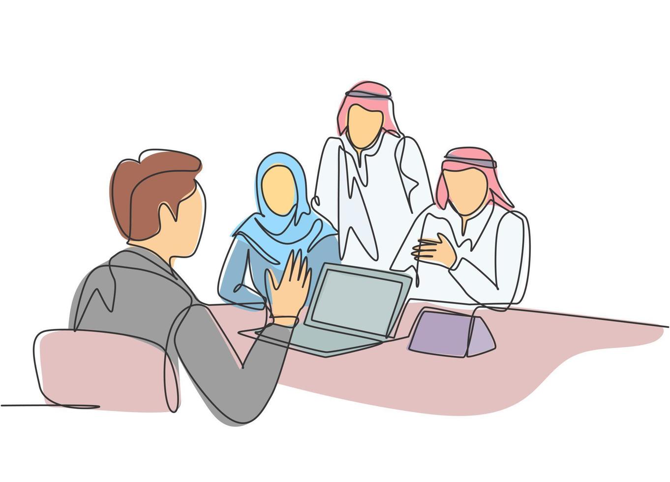 un dibujo de una sola línea de jóvenes empresarios musulmanes felices reciben asesoramiento empresarial de un consultor. velo de tela de arabia saudita, pañuelo en la cabeza, thobe, hijab. Ilustración de vector de diseño de dibujo de línea continua