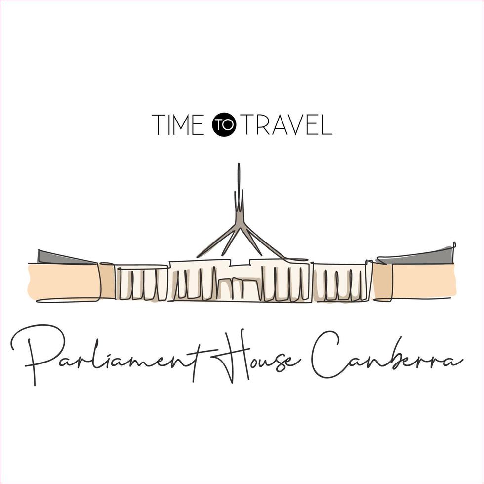 Single continuous line drawing parliament house of Canberra landmark. Government building in Australia. Home decor wall art poster concept. Simple one line draw design vector graphic illustration