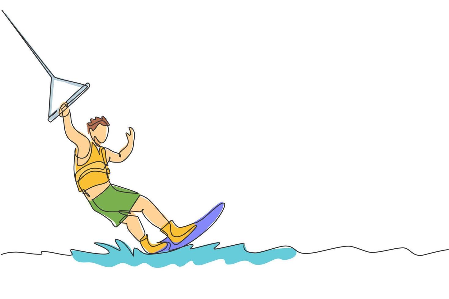 Single continuous line drawing of young sporty surfer man play wakeboarding in the sea. Extreme dangerous sea sport concept. Summer holiday vacation. Trendy one line draw design vector illustration