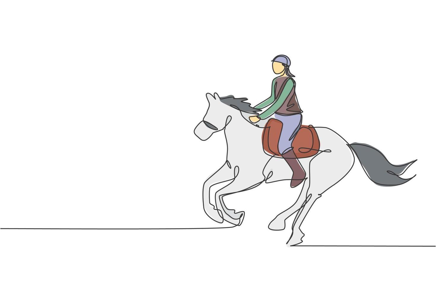 dibujo de una sola línea continua de un joven jinete profesional corriendo con un caballo alrededor de los establos. concepto de proceso de entrenamiento deportivo ecuestre. ilustración de vector de diseño de dibujo de una línea de moda