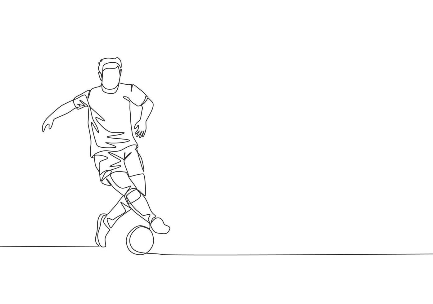 One continuous line drawing of young energetic football player controlling and dribbling the ball at the game. Soccer match sports concept. Single line draw design vector illustration