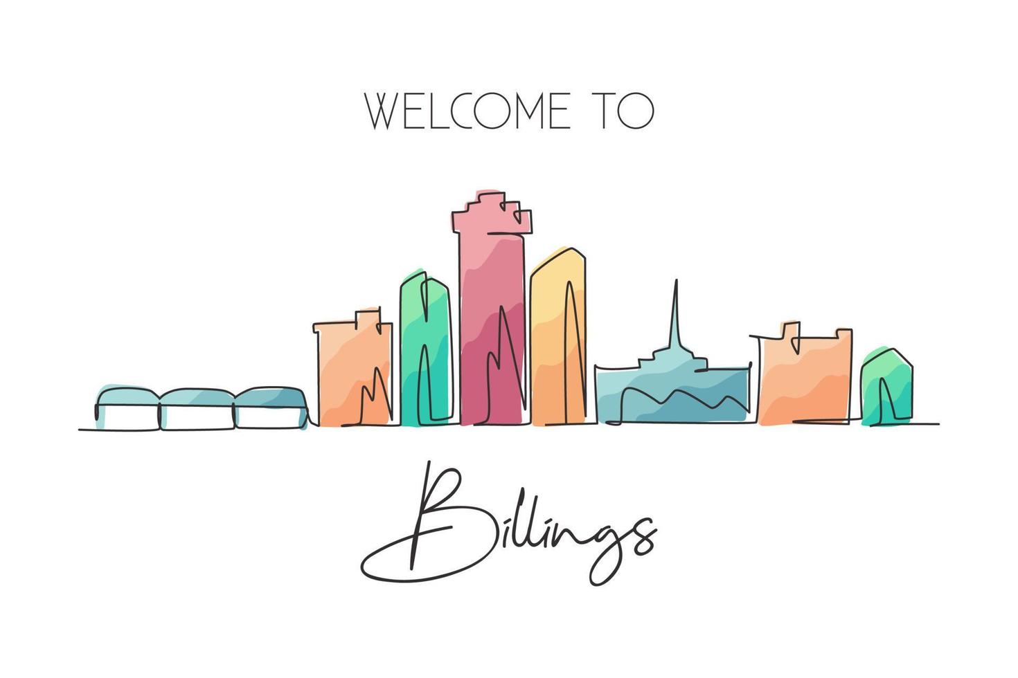 dibujo de línea continua única del horizonte de billings, montana. famoso paisaje raspador de la ciudad. concepto de impresión de cartel de arte de decoración de pared de hogar de viajes mundiales. Ilustración de vector de diseño de dibujo de una línea moderna