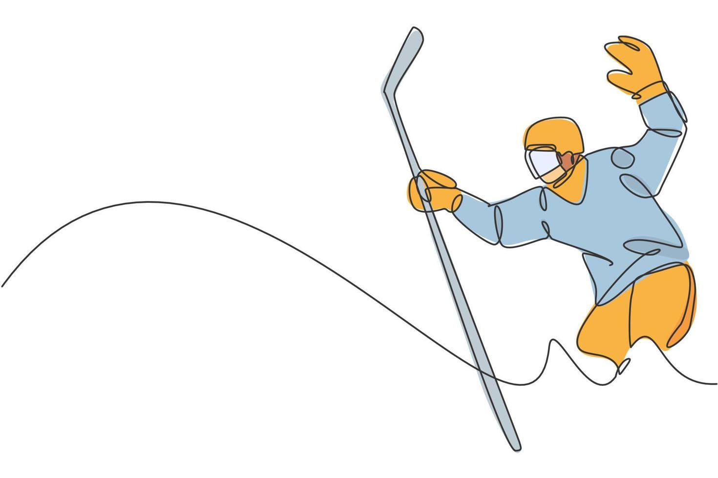 Single continuous line drawing of young professional ice hockey player hold the puck shot and defense on ice rink arena. Extreme winter sport concept. Trendy one line draw design vector illustration