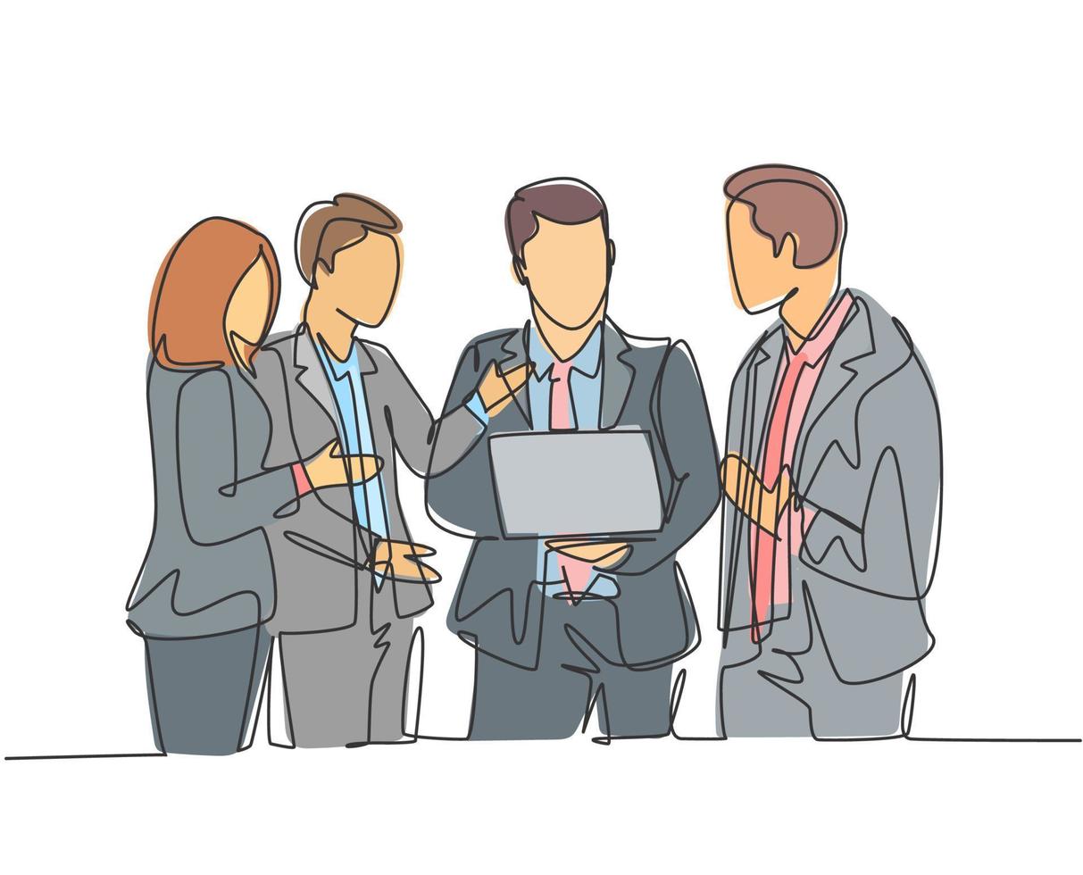One continuous line drawing of young male manager persuade little chat with some workers while holding a laptop at office. Business presentation single line draw design graphic vector illustration