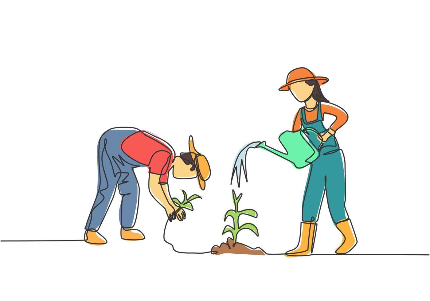 Single one line drawing of couple farmer water the plants using a watering can and planting plants. Farmer planting activities concept. Modern continuous line draw design graphic vector illustration.