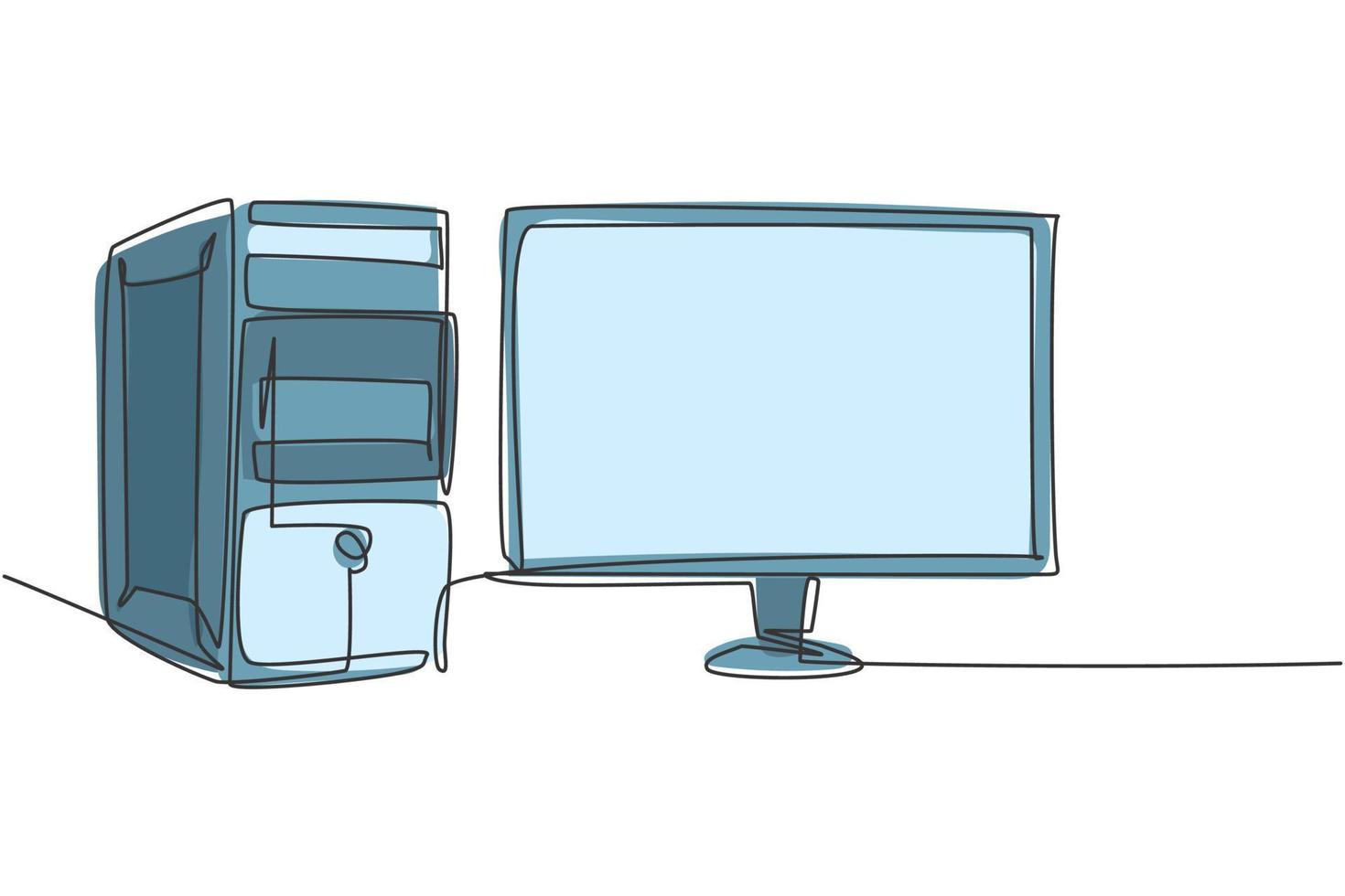 dibujo de línea continua única de unidad de computadora cpu y monitor de pantalla para empresa. concepto de equipo electrónico de pequeñas empresas desde casa. Ilustración de vector gráfico de diseño de dibujo de una línea moderna