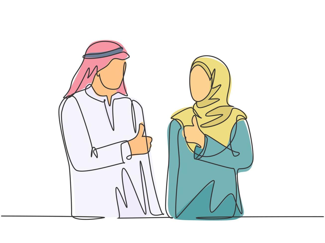 un dibujo de línea continua de jóvenes trabajadores musulmanes y trabajadoras que levantan el pulgar para celebrar la promoción laboral. ropa islámica hijab, bufanda, keffiyeh. Ilustración de vector de diseño de dibujo de una sola línea