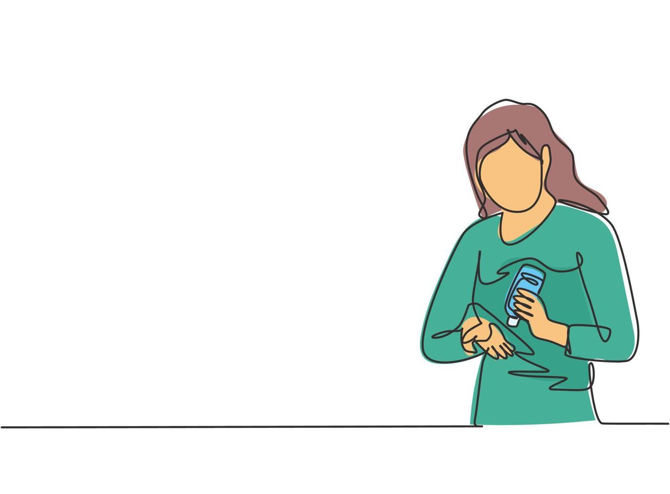 El dibujo de una sola línea de una mujer vierte desinfectante de manos en las palmas de las manos para evitar las bacterias y ser más higiénico. autoprotección contra el virus corona. Ilustración de vector gráfico de diseño de dibujo de una línea.