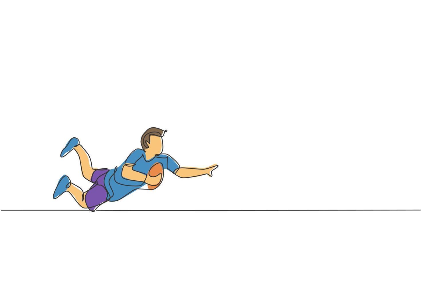 Single continuous line drawing of young agile rugby player jumping to catch the ball. Competitive sport concept. Trendy one line draw design vector illustration for rugby tournament promotion media