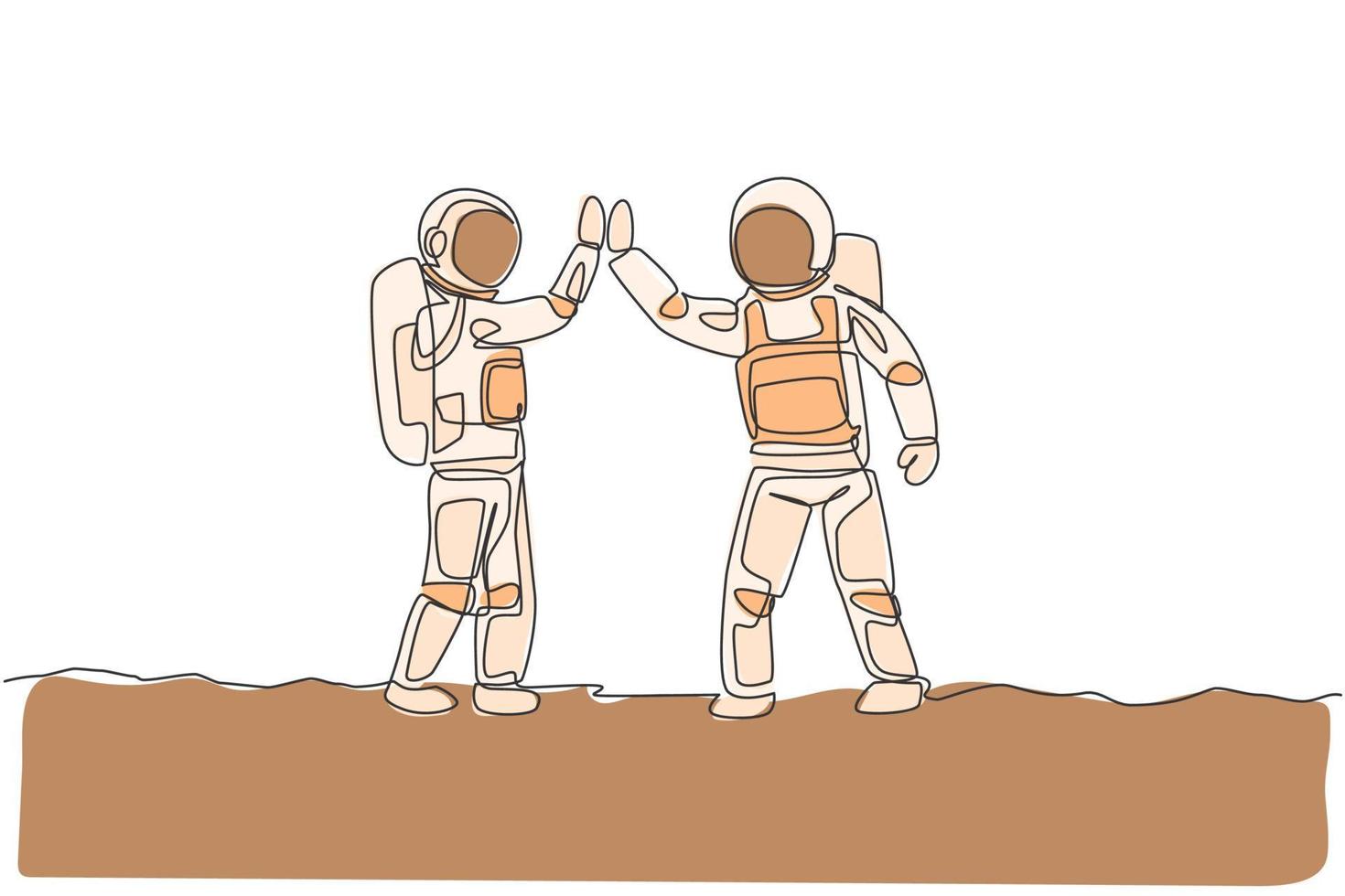 One single line drawing of two young happy astronauts gave high five while meeting on the street in moon surface vector illustration. Cosmonaut outer space concept. Modern continuous line draw design