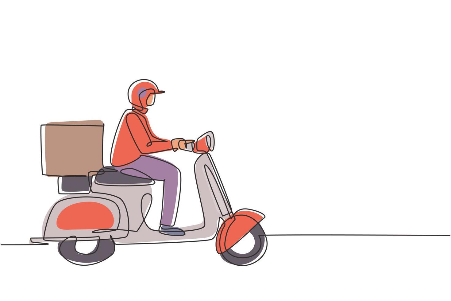 scooter de conducción de mensajería de dibujo de línea continua única con paquete de caja. las compras en línea. servicio de entrega online. concepto de paquete de entrega rápida. Ilustración de vector de diseño gráfico de dibujo de una línea dinámica