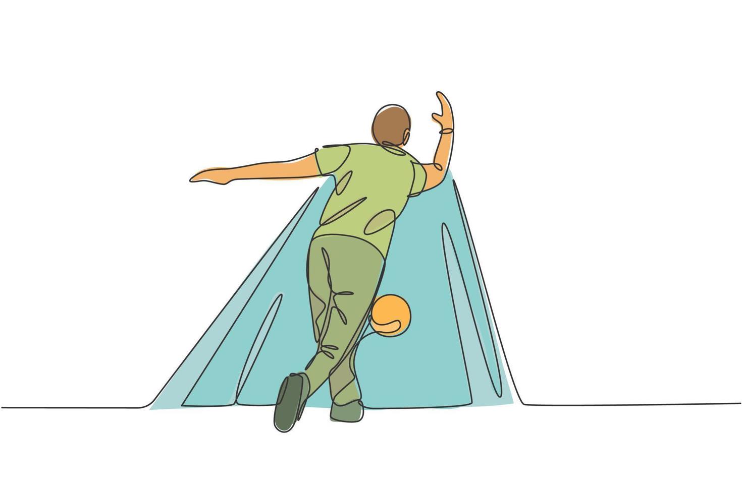 One continuous line drawing of young happy bowling player man throw ball into lane to hit the pin. Healthy sport and lifestyle activity concept. Dynamic single line draw design vector illustration
