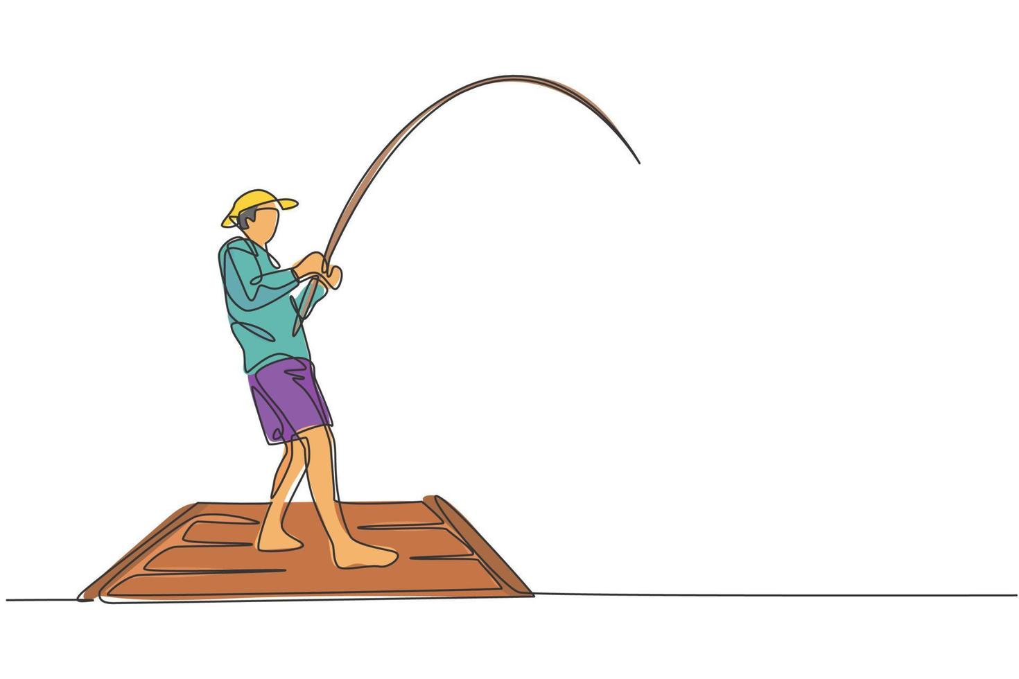 un dibujo de una sola línea de un joven pescador feliz de pie y pescando con mosca en la ilustración vectorial del muelle de madera. viajes de vacaciones por concepto de afición a la pesca. diseño moderno de dibujo de línea continua vector