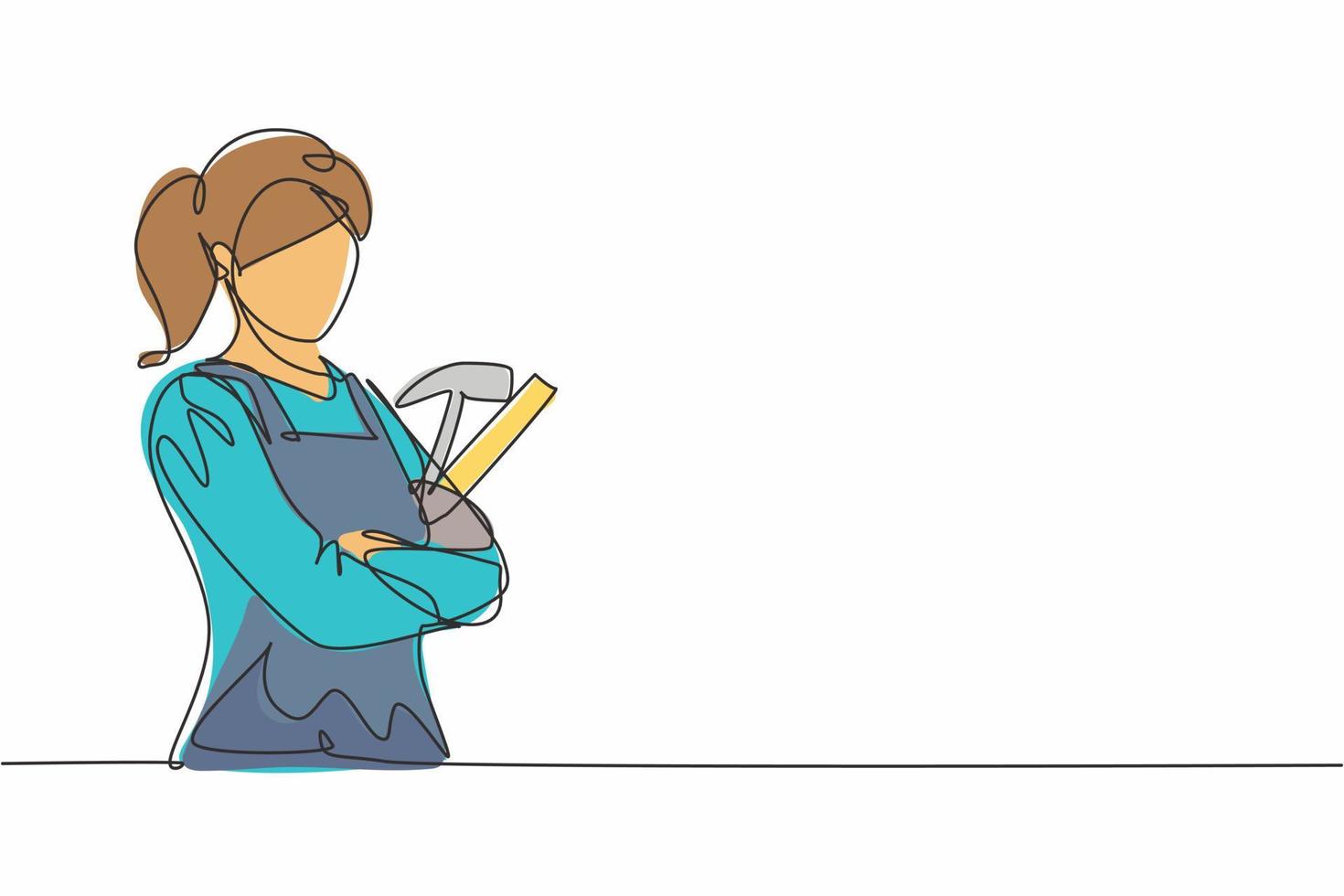 Single one line drawing of young female carpenter holding hammer pose cross arms. Professional work profession and occupation minimal concept. Continuous line draw design graphic vector illustration