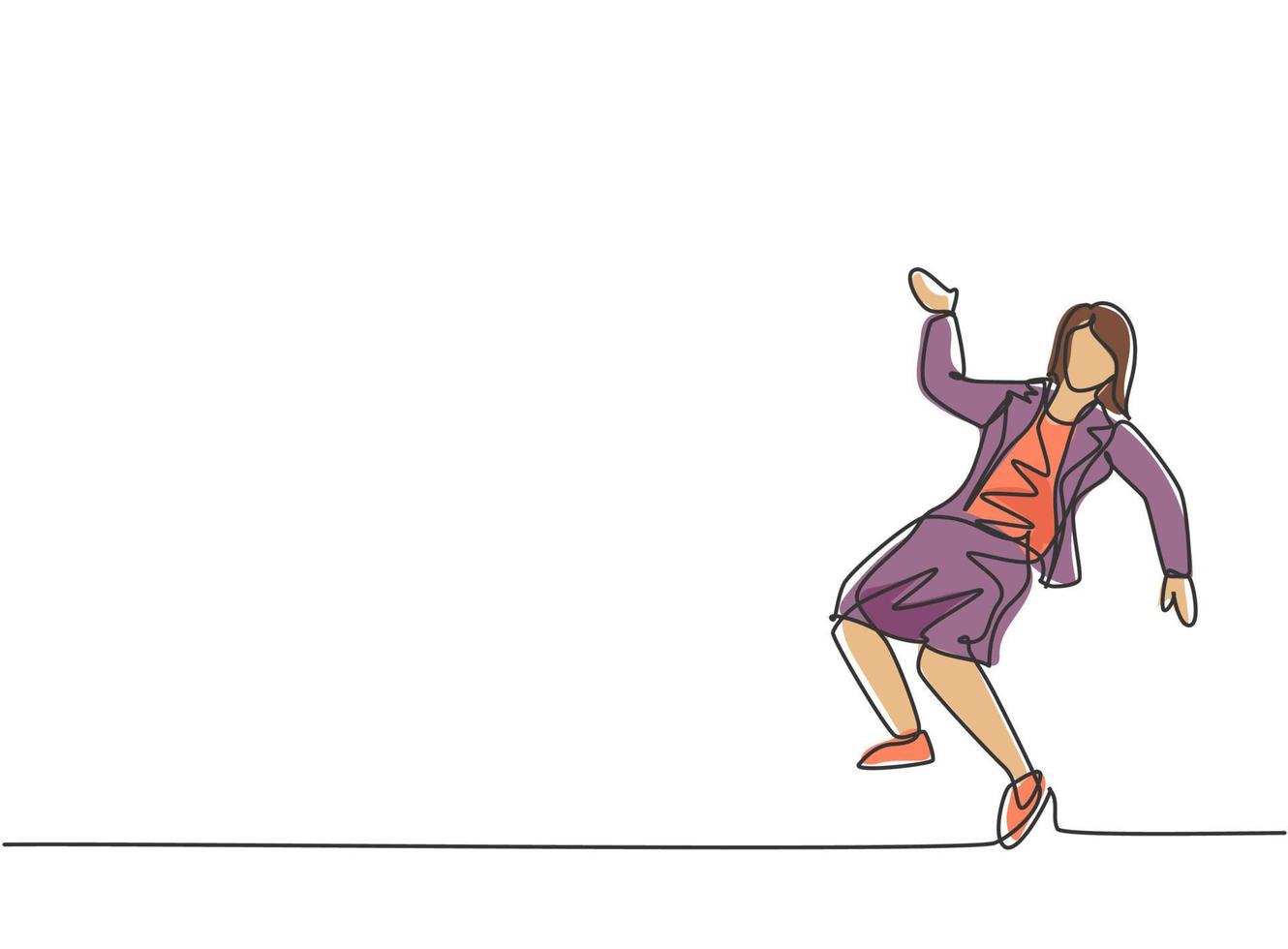Single continuous line drawing young business woman dancing on the street. Happy worker celebrate her achievement. Minimalism metaphor concept. Dynamic one line draw graphic design vector illustration