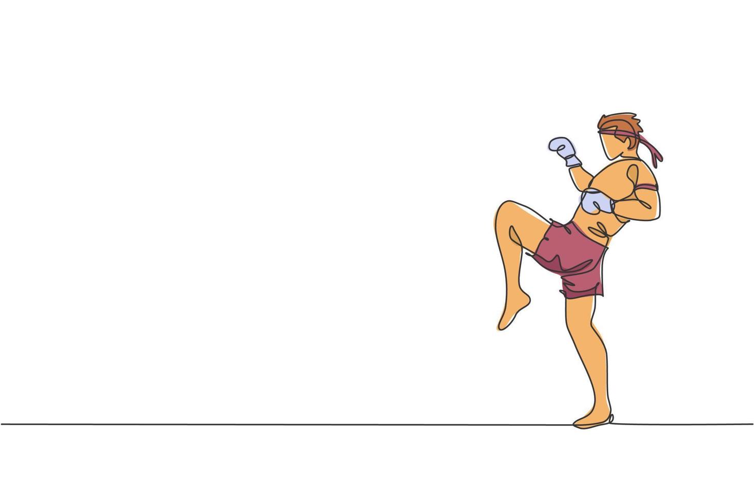 One continuous line drawing of young sporty muay thai boxer man preparing to fight, stance kick at box arena. Fighting sport game concept. Dynamic single line draw design graphic vector illustration