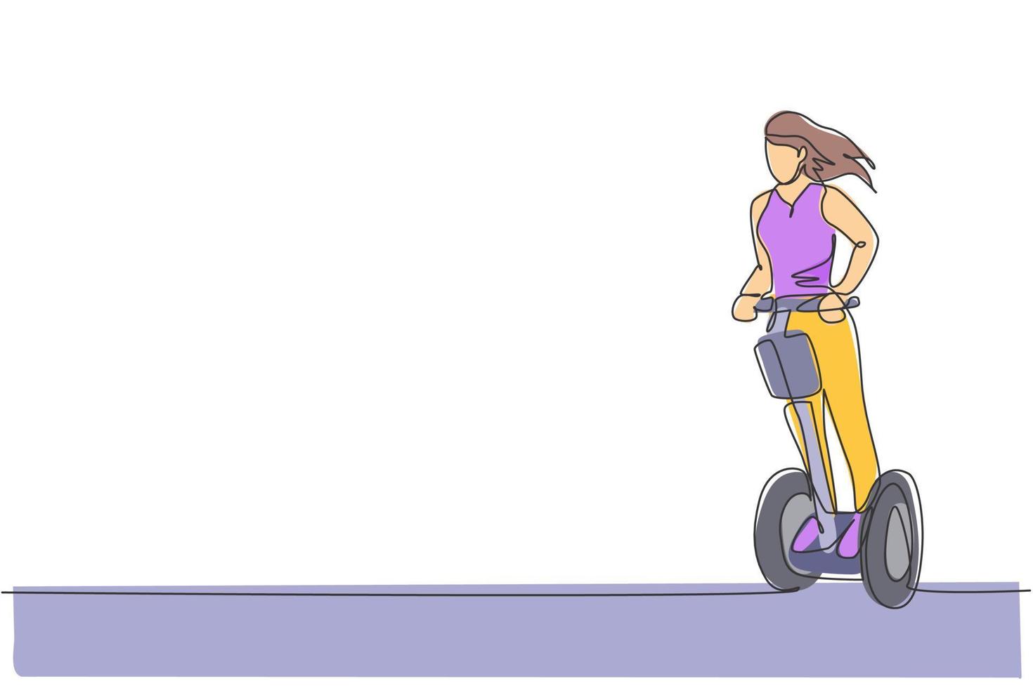 dibujo de una sola línea de mujer joven enérgica montando patinete eléctrico en la ilustración de vector de parque de la ciudad. transporte futuro. concepto de deporte de estilo de vida saludable. diseño moderno de dibujo de línea continua