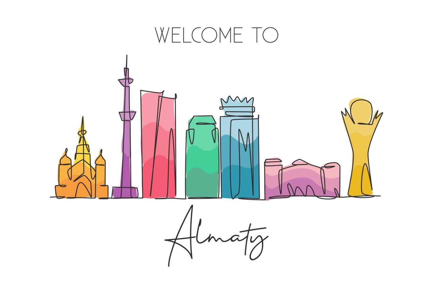 One continuous line drawing of Almaty city skyline, Kazakhstan. Beautiful landmark. World landscape tourism and travel vacation. Editable stylish stroke single line draw design vector illustration