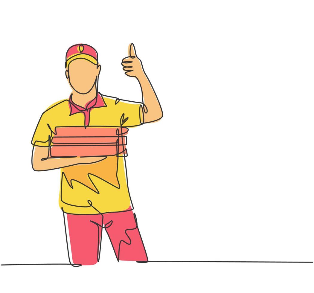 One line drawing of young happy pizza delivery man gives thumbs up gesture before deliver package to customer. Food delivery service business concept. Continuous line draw design vector illustration