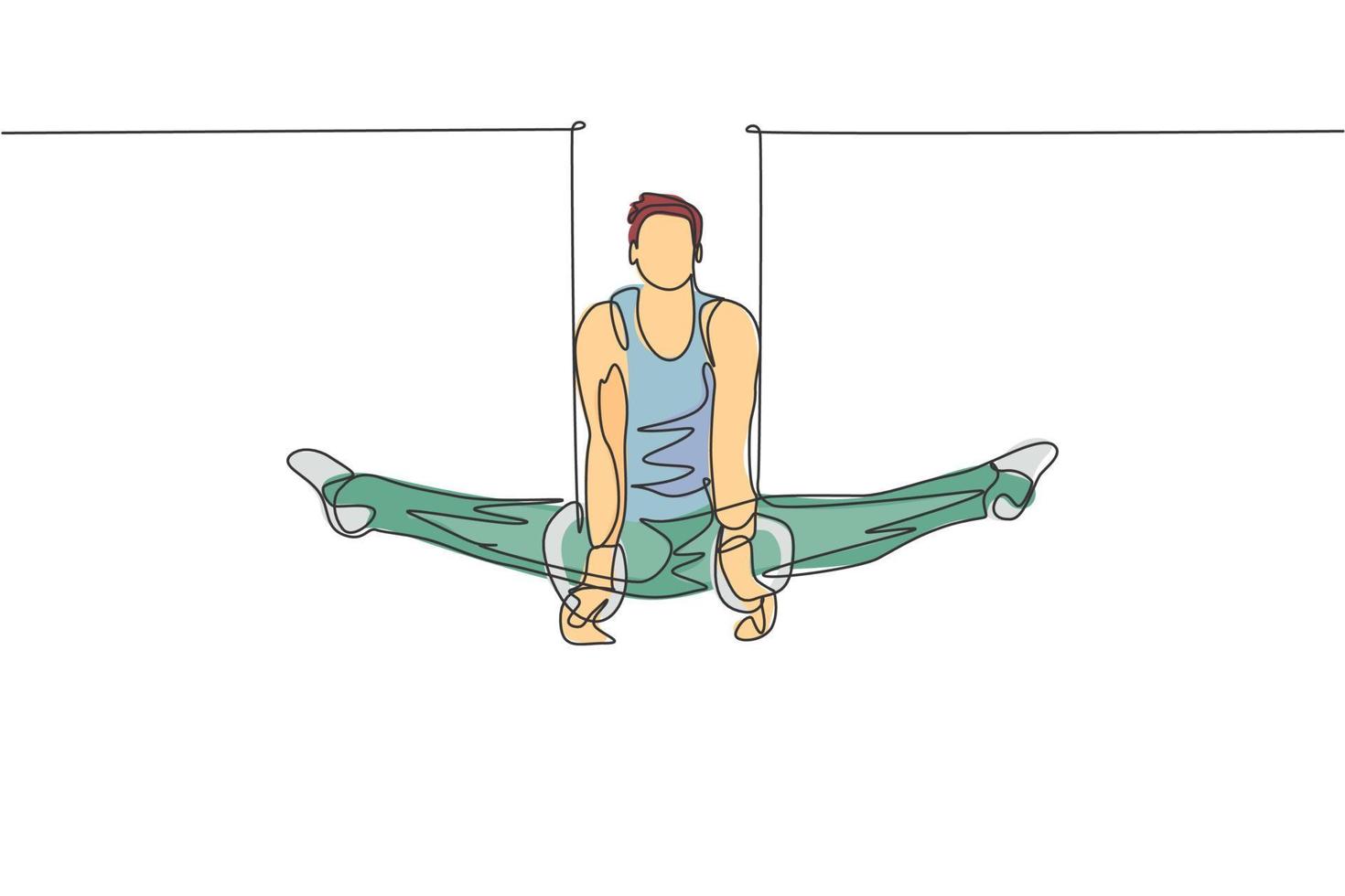 One single line drawing of young handsome gymnast man exercising steady rings graphic vector illustration. Healthy lifestyle and athletic sport concept. Modern continuous line draw design