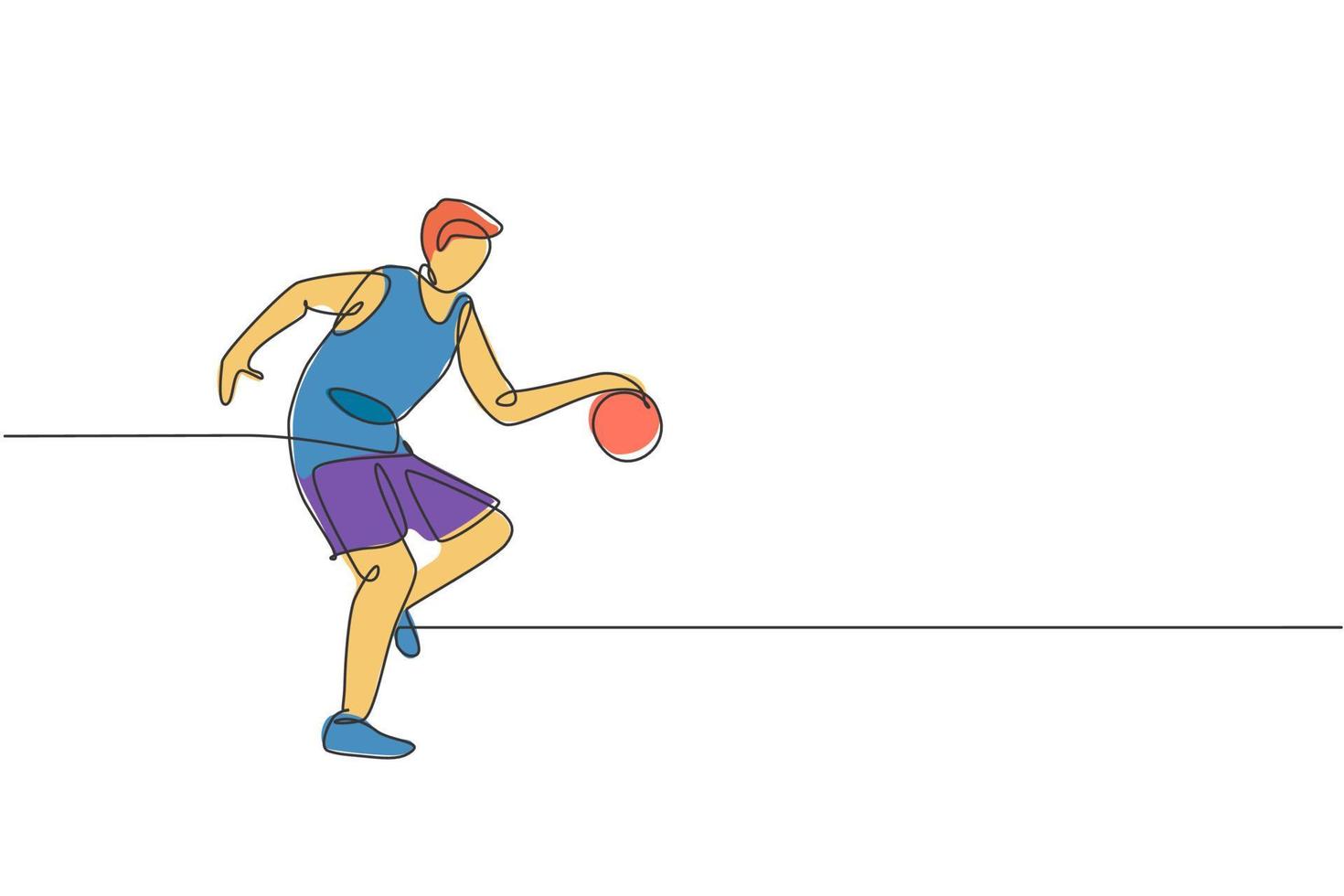un dibujo de una sola línea del joven y enérgico jugador de baloncesto entrena en la ilustración vectorial gráfica de la corte. concepto de competición deportiva. diseño moderno de dibujo de línea continua para el cartel del torneo de baloncesto vector