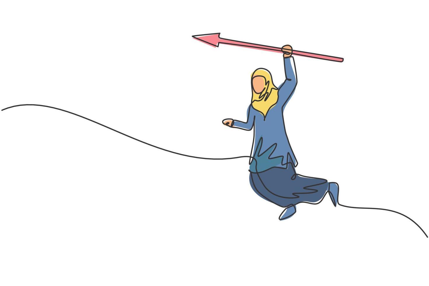 Continuous one line drawing young Arabic female worker jumping high while holding arrow spear. Success business manager minimalist concept. Trendy single line draw design vector graphic illustration