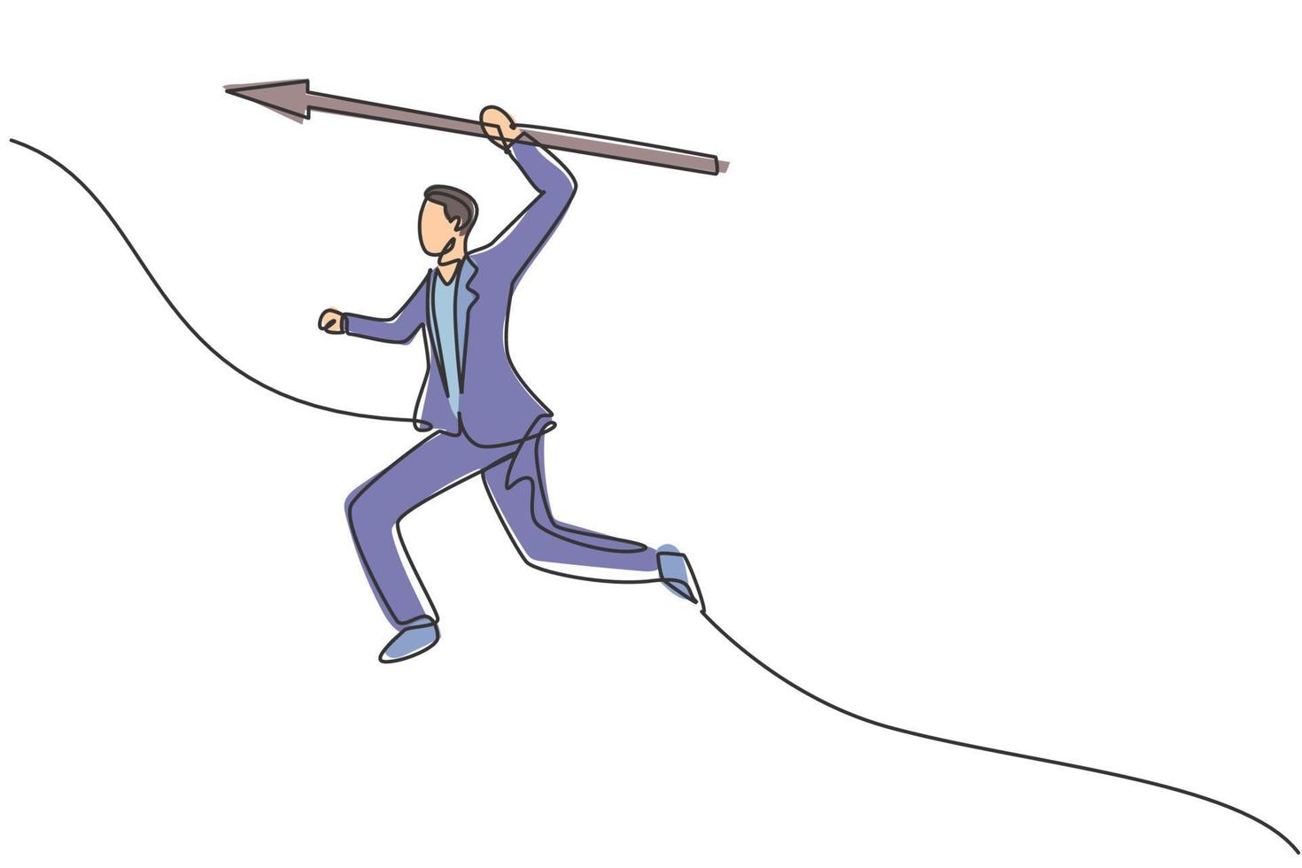 Single continuous line drawing of young business man jumping while holding spear to stab. Fighting professional businessman. Minimalism concept dynamic one line draw graphic design vector illustration