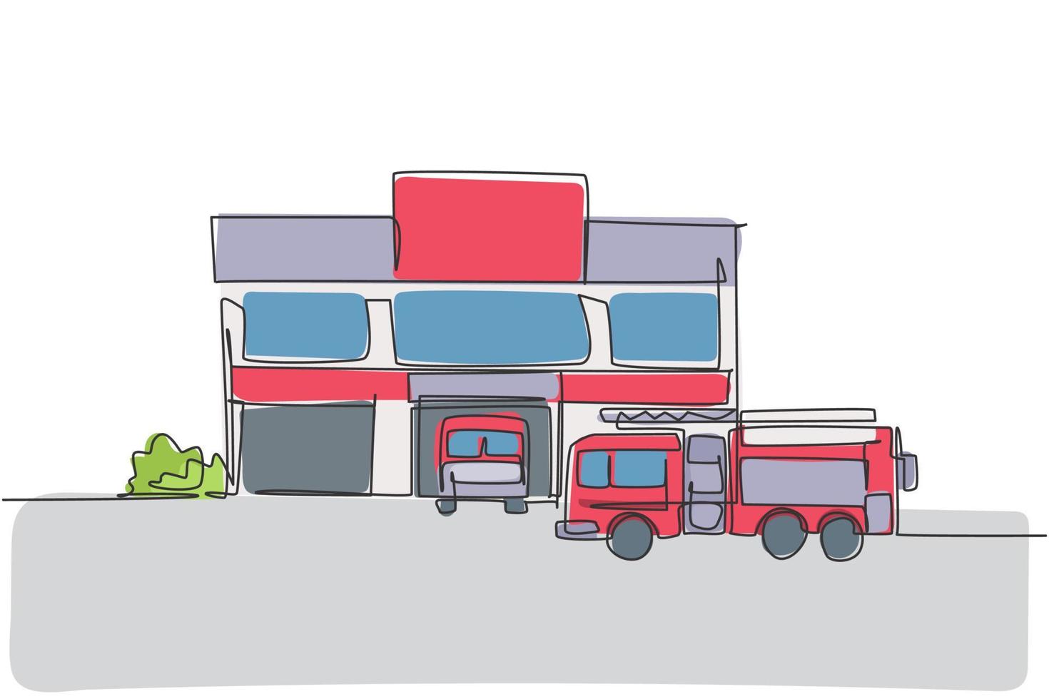 Single continuous line drawing of fire station building construction. Firemen basecamp office isolated minimalism concept. Dynamic one line draw graphic design vector illustration on white background