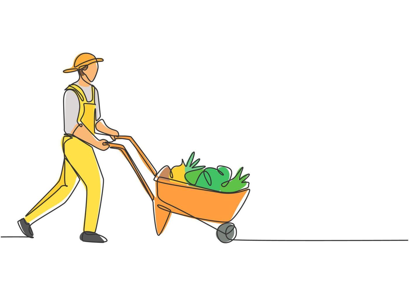 Single one line drawing of male farmer pushes the wheelbarrow trolley filled with fruits. A successful harvest activity minimalist concept. Continuous line draw design graphic vector illustration.