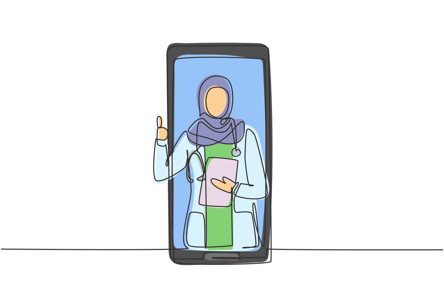 Single one line drawing hijab female doctor comes out of smartphone screen while making thumbs up gesture. Online medical consultation. Modern continuous line draw design graphic vector illustration