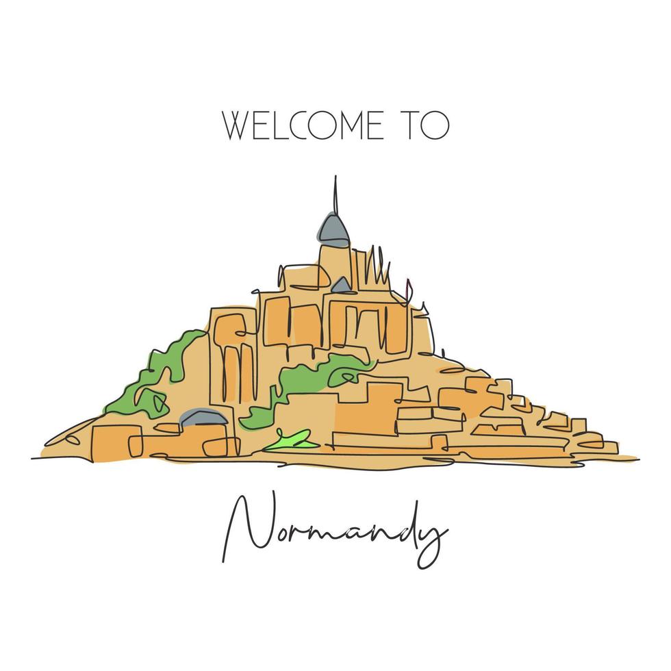 Single continuous line drawing Le Mont Saint Michel landmark. Beautiful famous place in Normandy, France. World travel tour home wall decor art concept. Modern one line draw design vector illustration